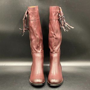 A Red leather almond toe platform low heels over the knee boots booties shoes